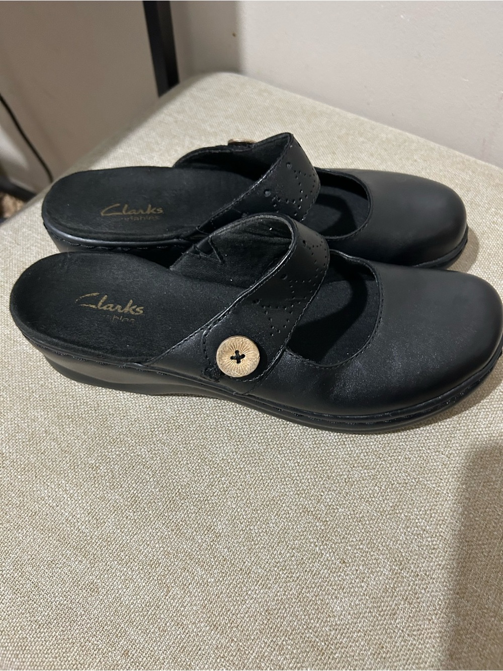 Clarks Black Slip-On Mary Jane Clog with Button Accent